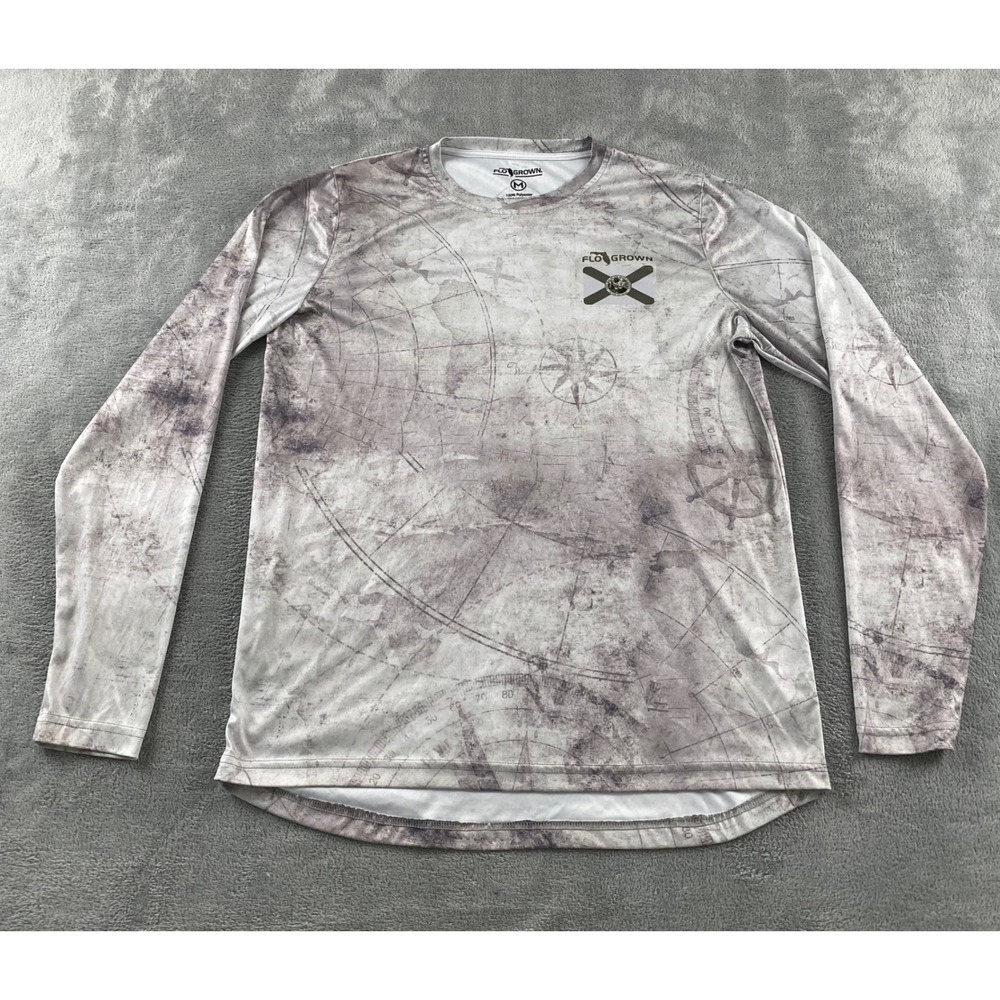 FloGrown Mens Nautical Map Performance Fishing Shirt Long Sleeve Grey Medium